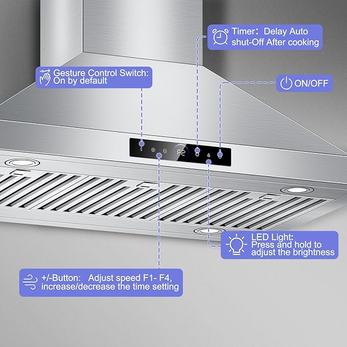 36 inch Island Range Hood Ceiling Mount 1200 CFM with 4-Speed Gesture Sensing & Touch Control, Ducted/Ductless Stainless Steel Kitchen Stove Vent Hoods with 4 LED Lights, Timer,Dishwasher-Safe Filters