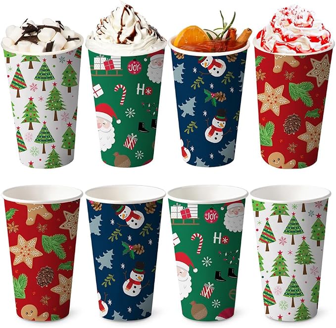 AIBIIN 80 PCS Christmas Disposable Paper Cups 12 oz Christmas Coffee Cups Hot Chocolate Cups Snowman Santa Gingerbread Xmas Party Cup Holiday Table Party Supplies Decorations