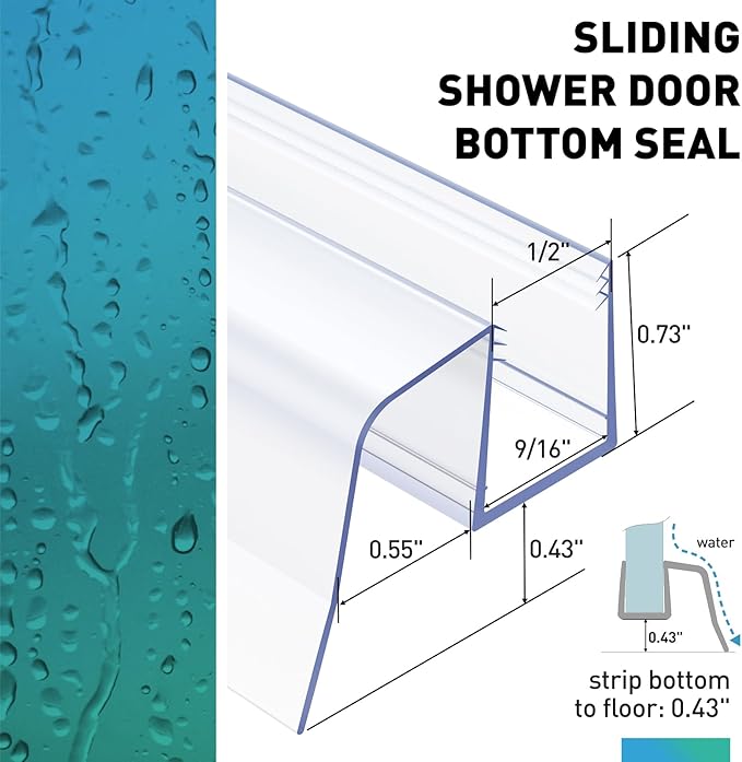 Sliding Shower Door Bottom Seal, 2 PCS 1/2" x 36" Sliding Shower Door Sweep for 1/2 Inch Glass, Frameless Glass Door Seal Strip Stop Shower Leaks and Create a Water Barrier