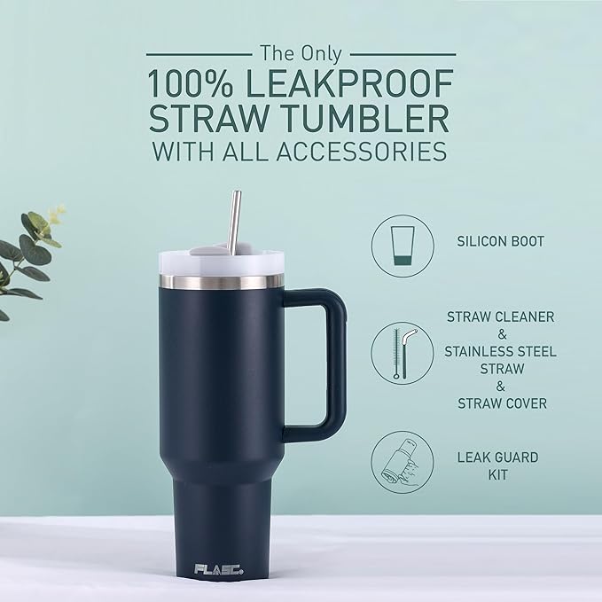 FLASC 40 oz Tumbler With Handle and Straw | 100% Leakproof Insulated Tumbler With Lid and Straw | Includes ALL Accessories: Stainless Steel Straw, Silicon Boot, Straw Cover & Cleaner (Stormey Sea)