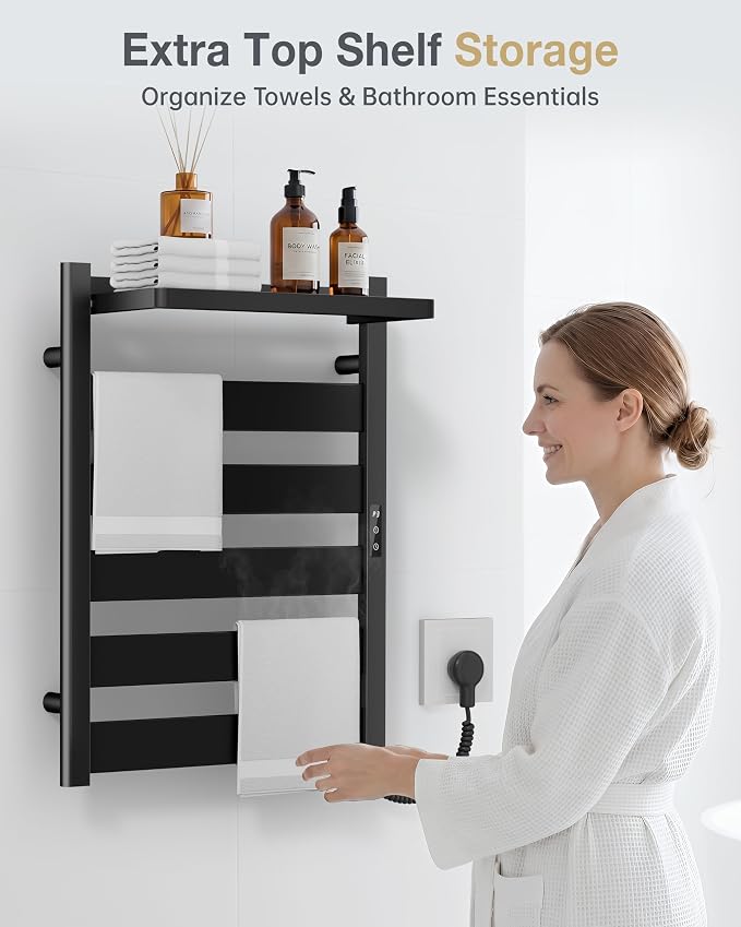 Heated Towel Rack for Bathroom, Wall Mounted Towel Warmer with Top Shelf, Fast PTC Heating in 6 Minutes, 4 Temperature Levels 110–170°F, 2–12H Timer, Space Aluminum Electric Towel Warmer Rack, 350W