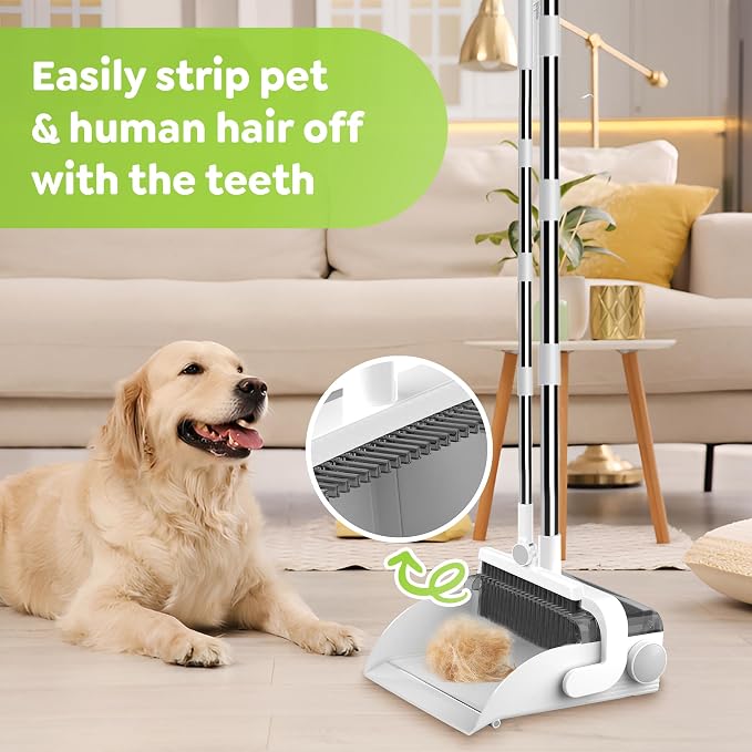 DustDockPro: Self-Emptying Broom and Dustpan Set with Built-in Trash Can – Hands-Free No-Bend Disposal, Upright Sweeper with Comb Teeth for Pet Hair, Long Adjustable Handle, Floors, Tile & Kitchen