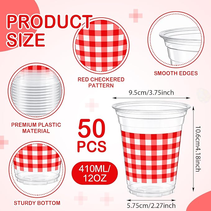 Qinyoung Checkered Plastic Cups 12oz Gingham Party Disposable Cups Bulk Drinking Cup for Cold Drinks Baby Shower Wedding Summer Birthday Party Supplies(Red and White,50 Pcs)