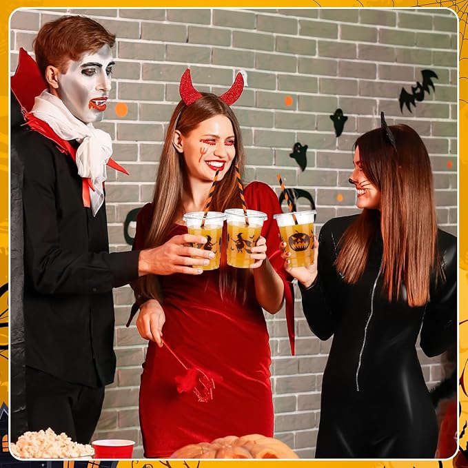 Yaomiao 300 Pcs 12 oz Halloween Plastic Party Cups with Lids and Straw Happy Halloween Plastic Cup Halloween Disposable Clear Cups Whiskey Party Cups Black Pumpkin Witch Drinking Set for Party Supply