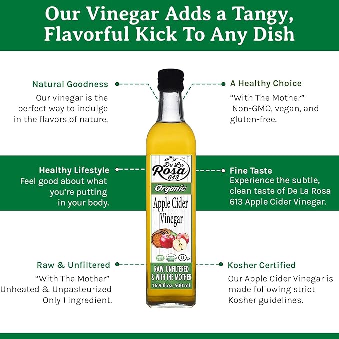 De La Rosa Organic Apple Cider Vinegar, Raw & Unfiltered, Kosher for Passover, Vegan & Gluten Free, Great for Salad Dressing & Marinades, Apple Cider with The Mother, 16.9 Oz (Pack of 2)