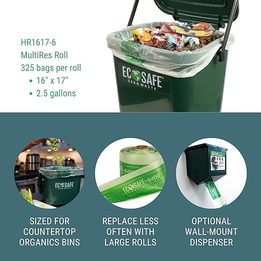 EcoSafe-6400 HR1617-6 Certified Compostable Bag - ASTM D6400 Approved - Small 16x17” Green Bags for 2.5 Gallon Bin - Extra Strong Leak, Puncture and Tear Resistant Food Scraps Bin Liners, Pack of 1300