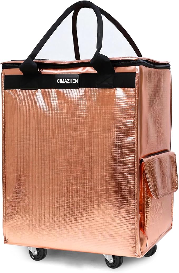 (Small,Rose Gold) Reusable Grocery Bag on 4 Wheels, 60L Foldable Rolling Tote Bag with 3 Handles and Zipper, Rolling Shopping Cart for Groceries, Storage, Laundry, Travel, Organizer, 66lb