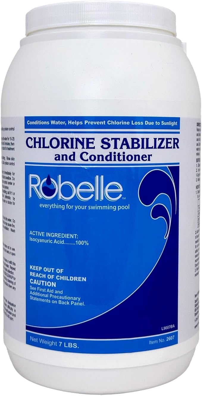 Robelle 7-Pounds Premium Chlorine Stabilizer and Conditioner, Concentrated Cyanuric Acid for Pools, Pool Stabilizer, Helps Chlorine Last Longer, Made in USA