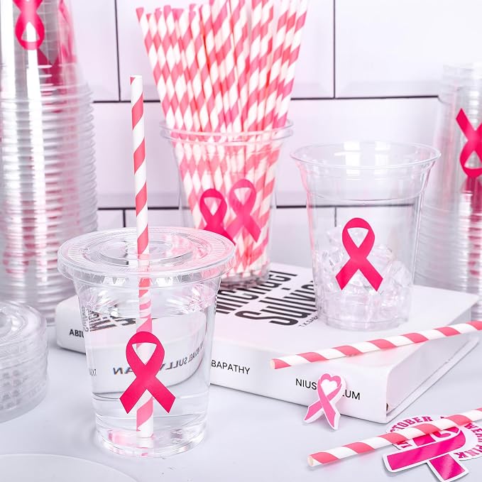 Whaline 50Pcs Breast Cancer Awareness Disposable Plastic Cups with Lids and Straws 12 Oz Pink Ribbon Cold Beverage Drinking Cups for Charity Event Women Party Supplies