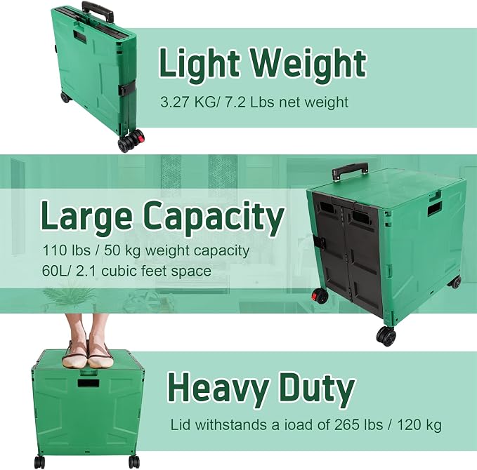 FELICON Folding Utility Cart Rolling Crate Handcart with Durable Heavy Duty Plastic Telescoping Handle Collapsible Hidden Lid 4 Rotate Wheels for Travel Shop Move Office Teacher Use(Dark Green&Black)