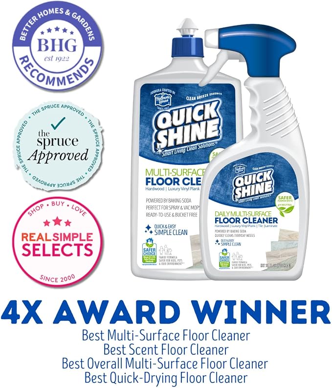 Quick Shine Multi Surface Floor Cleaner 27oz, 2Pk | Ready to Use-Streak Free- No Rinse | Use on Hardwood, Laminate, Luxury Vinyl Plank & Stone | Use in Spray Mops & Vac Mops | Safer Choice Cleaner