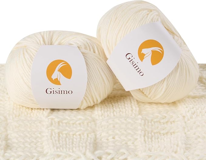2 Balls Merino Wool Yarn, 12-Ply Luxurious and Soft Yarn for Hand Knitting & Crocheting, 1.76 OZ/50g, 120 yds/110 Meters（White,2Balls）