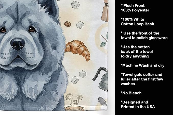 Caroline's Treasures Blue Chow Chow Coffee Bar Kitchen Towel Velour Plush Front and Cotton Loop Back Machine Washable
