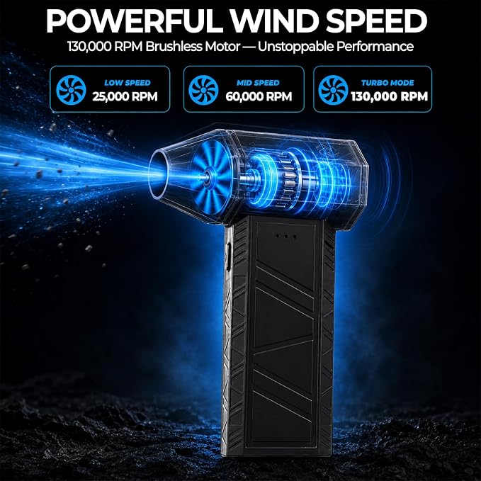 Electric Compressed Air Duster for Computers - 130,000 RPM High-Speed PC Cleaner - Portable Rechargeable Air Blower for Electronics, Keyboards, and Car Detailing - Includes 4 Nozzles