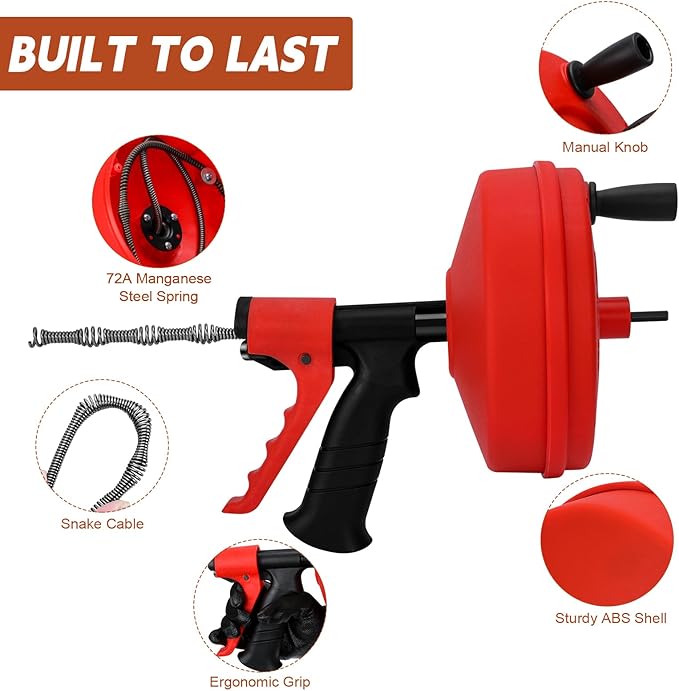 New 50 FT Double Mode Drain Snake Tools, 11-in-1 Drain Auger for Sink and Drain Unblocking, Plumbing Snake for Kitchen, Bathrom and Shower Sink, Snake for Real DYIs (Red) NEW