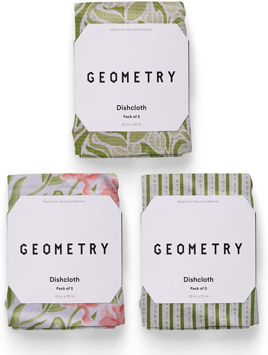 GEOMETRY Kitchen Dish Cloths - Spring & Summer Collection - Premium Dishcloths with Geoweave - Absorbent & Fast Drying Kitchen Towels - Green Goddess, 10" x 10" - 3-Pack