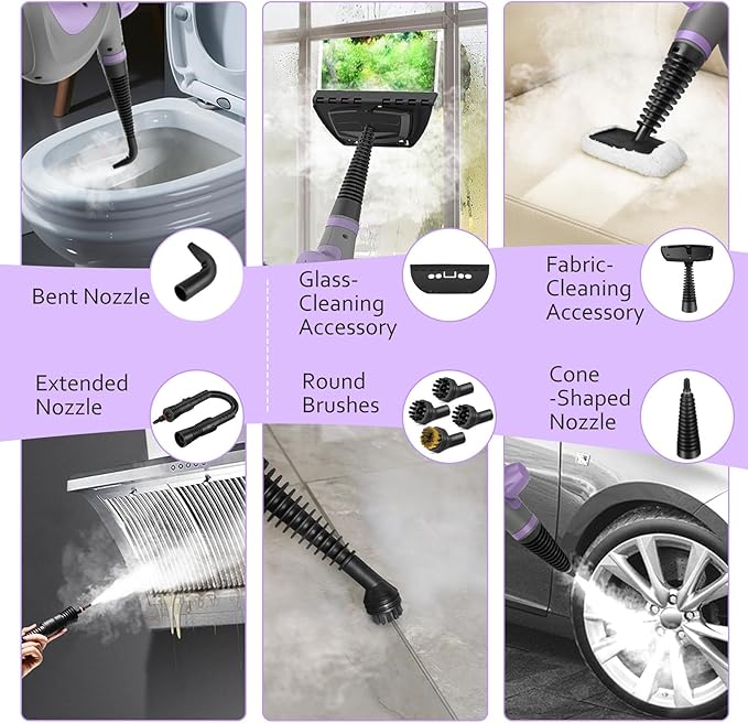 Pressurized Handheld Multi-Surface Natural Steam Cleaner with 12 pcs Accessories, Multi-Purpose Steamer for Home Use, Steamer for Cleaning Floor, Upholstery, Grout and Car (Grey) (Purple)