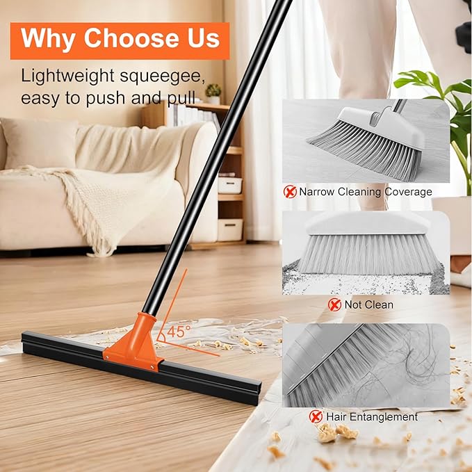 Heavy Duty Floor Squeegee with Long Handle, 18" Rubber Wiper Broom for Concrete Tile Cleaning Commercial Scrubber Mop for Garage Deck Bathroom Kitchen Pool