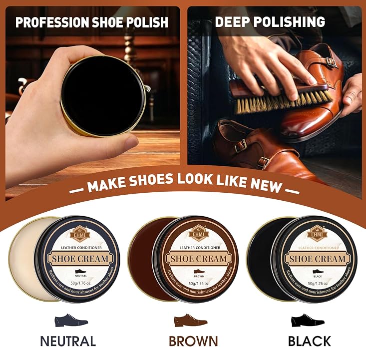 CHMI 16PCS Leather Shoe Polish Kit,Shoe Shine Kit with Black/Brown Shoe Polish,Shoe Bruhses for Leather Boot Care and Cleaning,Shoe Shine Gifts for Men