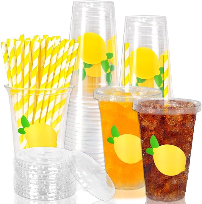 Whaline 50Pcs 16Oz Lemon Disposable Plastic Cups with Lids and Straws Summer Citrus Fruit Cold Beverage Drinking Cups for Birthday Baby Shower Party Supplies