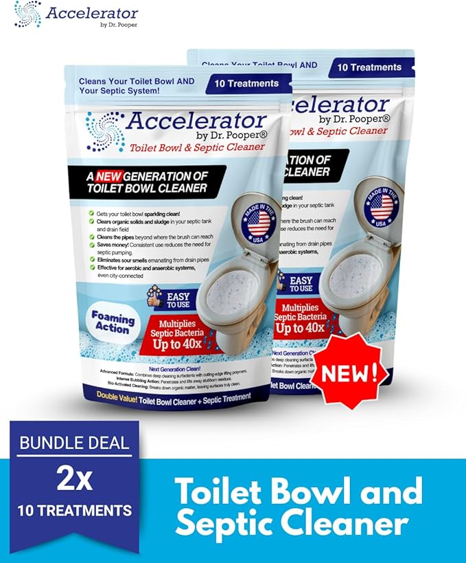 Accelerator by Dr. Pooper Toilet Bowl and Septic Cleaner — Foaming Bio-Activated Formula — Cleans Bowl, Treats Septic System, Reduces Pump-Outs — Non-Toxic — 2-Pack, 32 Treatments — Made in USA