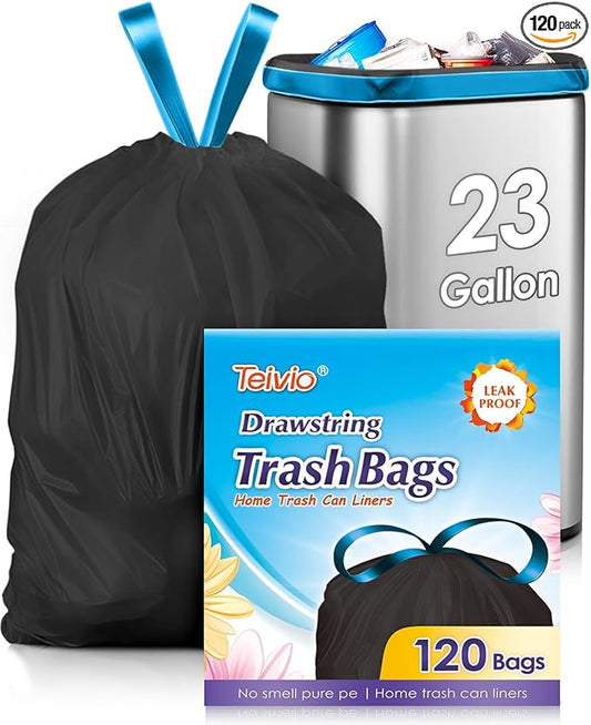 Teivio 23 Gallon Drawstring Trash Bags, 120 Counts, Fit 23 Gallon Rubbermaid Slim Jim Can & 22-25 Gal Tall Kitchen Trash Can，Large Plastic Waste Bin Liners for Home Office Daily Household Use, Black