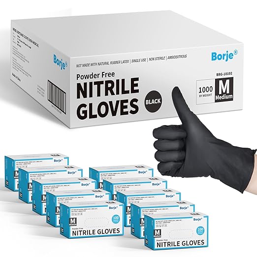 Borje Nitrile Gloves Medium, 1000 Count Disposable Gloves, Black, Latex-Free Powder-Free, Medical Exam, Food Safe, Cleaning, Cooking