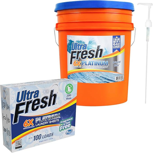Ultra Fresh 6X Platinum 5 Gal Laundry Detergent, Original Blue Bundled with Platinum 6X Laundry Detergent Sheets with Fragrance and Dye Free