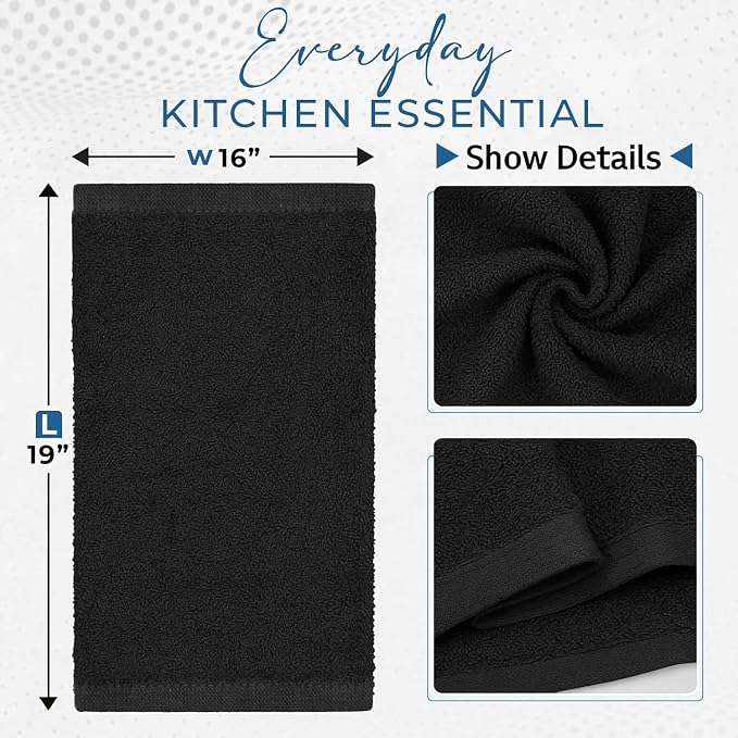 DAN RIVER Kitchen Bar Mops,Pack of 12,16 by 19 Inches,100% Cotton Super Absorbent,Multi-Purpose Cleaning Towels for Home and Kitchen Bars-Black