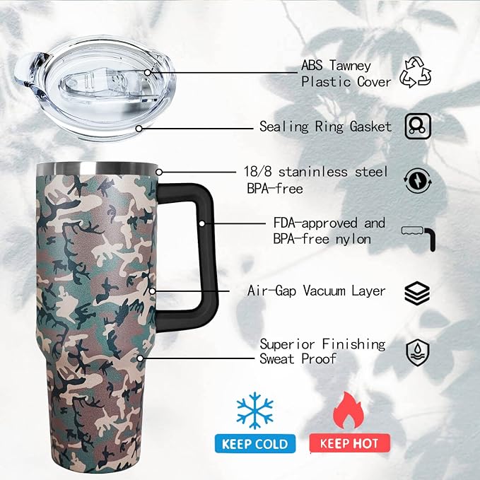 Ceovfoi 40 oz Camo Tumbler with Handle Lid and Straw, Hunting Gifts for Men Women,Camo Tumbler Travel Coffee Cup Mug Water Botter