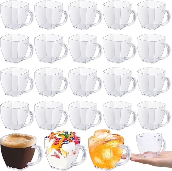 Amyhill 50 Pcs 5 oz Disposable Tea Cups Bulk with Handle Mini Hard Plastic Coffee Mug Square Disposable Espresso Cups for Tea Party Wedding Catering Dessert Sampling (Clear)