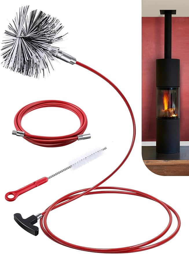 Feekoon Pellet Stove Cleaning Kit, 20 FT Flexible Steel Rod with 4" Brush Head, Flue Detail Cleaner, Pellet Stove Accessories for Vent Pipes Cleaning - Reduce Buildup & Improve Airflow