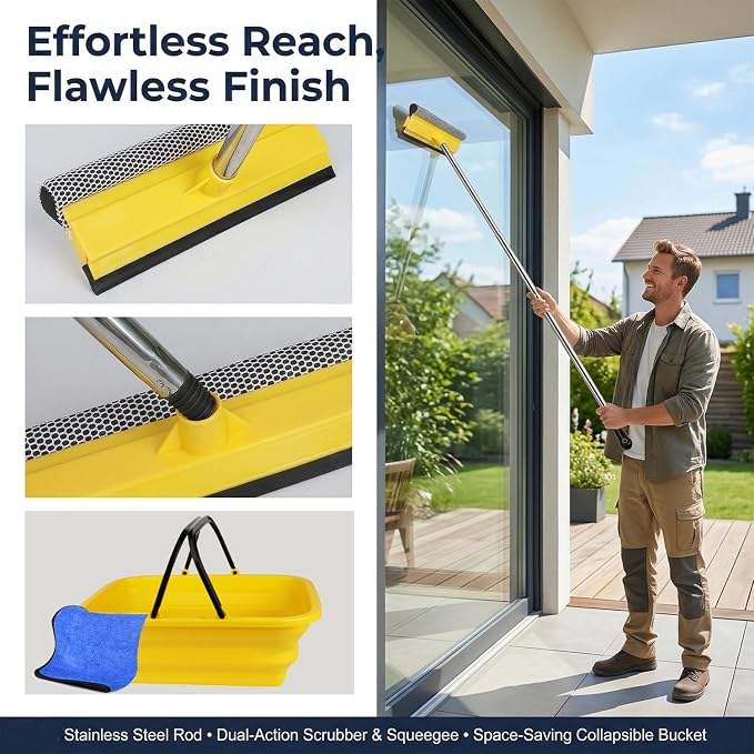 2 in 1 Car Window Squeegee and Collapsible Bucket Set,Long Handle,Yellow