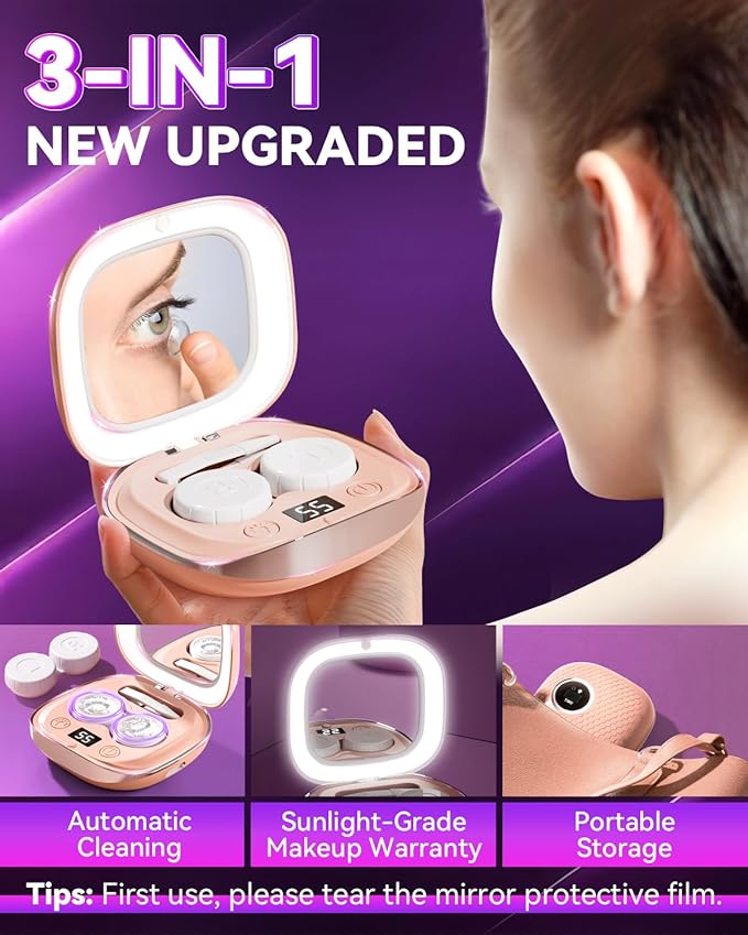 2025 Upgraded Ultrasonic Contact Lens Cleaner【50KHz Germany Super Motor】【Top1 Intelligent Chip-Smart Modes】【Rechargeable】 Gentle Cleaning & 99% Brightness, Portable Soft Contact Lens Tools (Chic Pink)