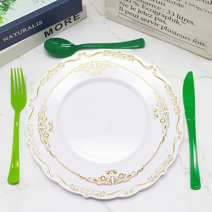180 PCS Gradient Green Plastic Silverware Heavy Duty Green Cutlery Disposable Set Include 60 Forks, 60 Knives, 60 Spoons for Birthday, Graduation Party, Christmas, St. Patrick's Day