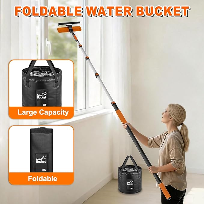 SISUPASSIE 36FT Reach High Ceiling Duster Kit, Window Cleaning kit with 7-30FT Extension Pole, Fan Duster for Ceiling Fan Blades, Microfiber Feather Duster, Window Squeegee, Bucket and Cobweb Duster