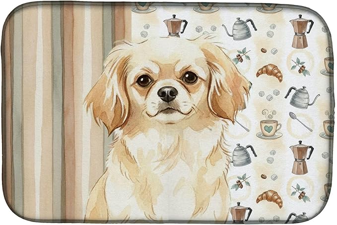Caroline's Treasures Cream Tibetan Spaniel Coffee Bar Dish Drying Mat Absorbent Dish Drying Mat Pad for Kitchen Counter Dish Drainer Mat for Countertop, 14 x 21", Multicolor