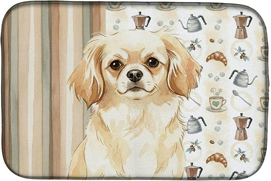 Caroline's Treasures Cream Tibetan Spaniel Coffee Bar Dish Drying Mat Absorbent Dish Drying Mat Pad for Kitchen Counter Dish Drainer Mat for Countertop, 14 x 21", Multicolor