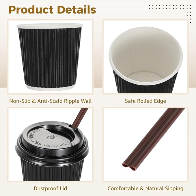 200 PCS Disposable Espresso Cups with Lids and Straws, 4 oz Paper Espresso Cups, Double-Layer Insulated Ripple Wall Cup for Hot Drinks, Convenient and Hygienic for Parties and Events