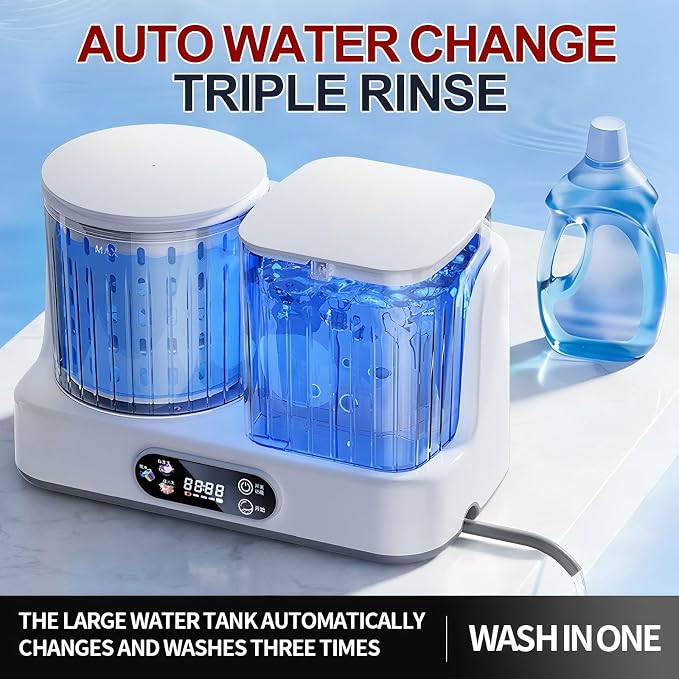 Automatic Underwear Washing Machine with 8000mAh Battery, 3L Portable Mini Washing Machine and Spin Dryer for Underwear, Socks, Baby Clothes, Travel Laundry Machine with Auto Water Supply & Drainage