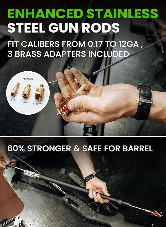 Universal Gun Cleaning Kit for All Guns - Portable Gun Cleaning Kits for Handguns and Rifles, Shotgun, Airsoft - Incl. Stainless Steel Rods, Brass Jags, Gun Cleaning Patches, Cleaning Swabs