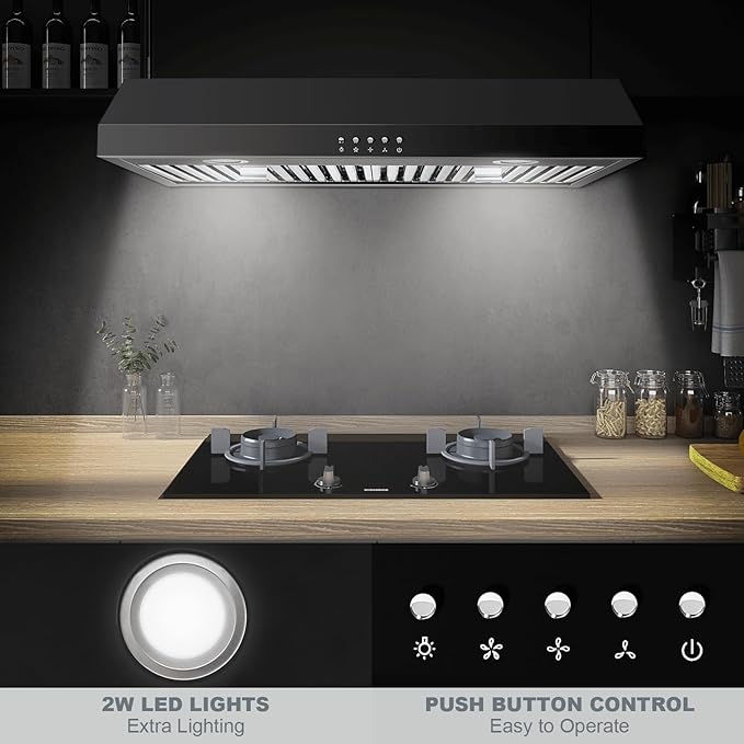 SNDOAS Under Cabinet Range Hood 30 inch,Black Range Hood with 430 Spray-Painted Stainless Steel,3-speed Fan & 700 CFM Kitchen Hood,Ducted/Ductless Range Hoods with 3-Venting,Baffle Filters