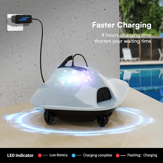 LVKE Cordless Robotic Pool Cleaner, Automatic Pool Vacuum with Upgraded Obstacle Crossing, 120 Mins, Double Filters, Dirt Lock Technology, LED Indicator, Ideal for Above Ground Flat Pools, Green