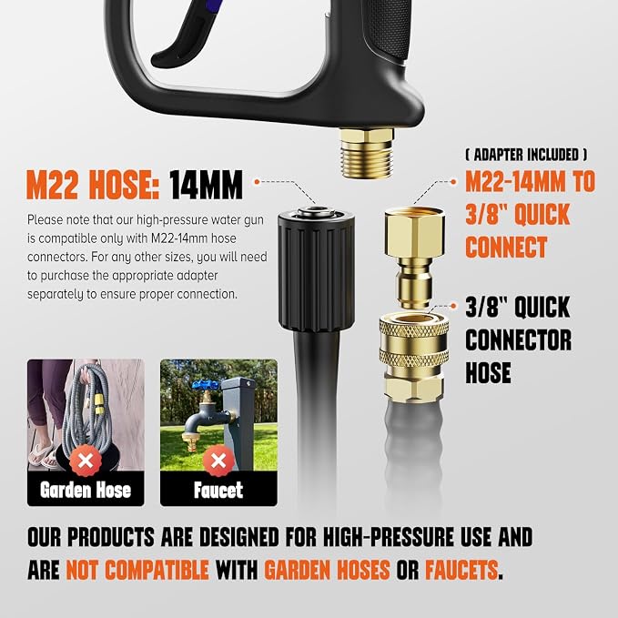 Pressure Washer Gun, Short Pressure Washer Gun for Car Washing Car Detailing 4500 PSI 5 Spray Nozzle M22-14mm & 3/8" Connect 1/4" Quick Connector Coupler for Foam Cannon