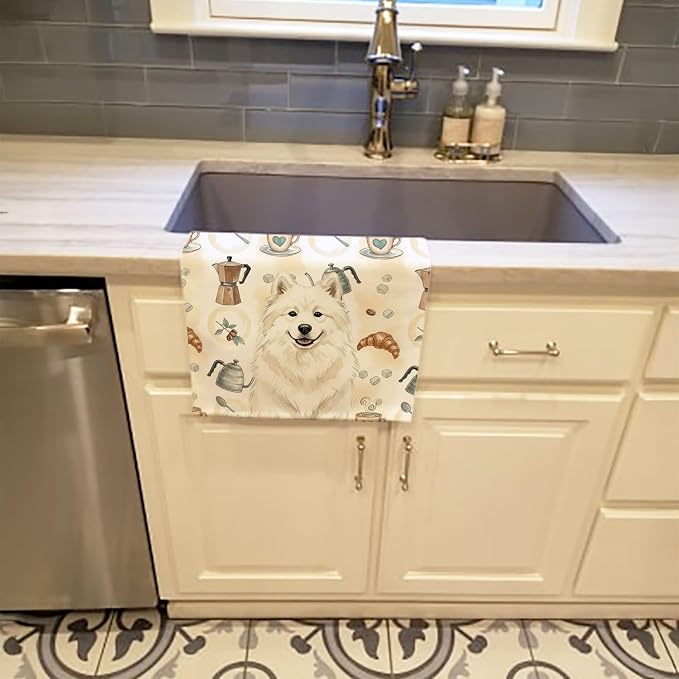 Caroline's Treasures Cream Samoyed Coffee Bar Kitchen Towel Velour Plush Front and Cotton Loop Back Machine Washable