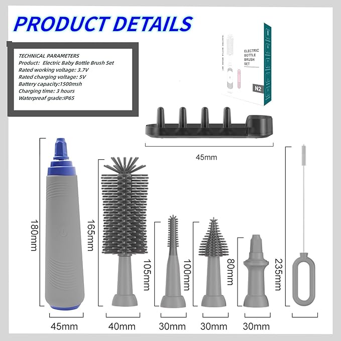Electric Baby Bottle Cleaner with Drying Rack, Silicone Bottle Brush Set, Easy-Grip Handle, Rechargeable/Waterproof Spinning Brush, Grey