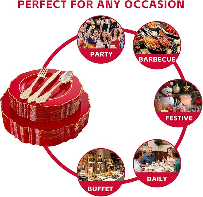 Liacere 350PCS Red Plastic Plates - Red Disposable Plates With Gold Rim - 50Guest Baroque Plastic Dinnerware include 100Plates-50Pack Pre Rolled Napkins with Silverware 50Cups for Independence Day