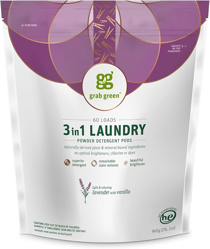 Grab Green 3-in-1 Laundry Detergent Pods, 60 Count, Lavender + Vanilla | Plant & Mineral-Based; Enzyme-Powered; Velcro Closure; Laundry Brightener; Stain Remover