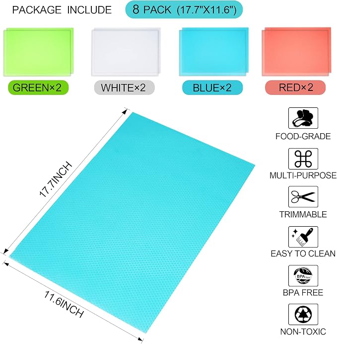 8 Pcs Refrigerator Liners Mats Washable, Refrigerator Mats Liner Waterproof Oilproof, Shinywear Fridge Liners for Shelves, Cover Pads for Freezer Glass Shelf Cupboard Cabinet Drawer (4 Color Mixed)