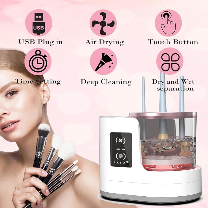 Makeup Brush Cleaner 3 in 1 Electric Makeup Brush Cleaner and Dryer, Automatic Brush Cleaner Machine with Multi-Hour Drying Settings, Portable Design for All Makeup Brush Types
